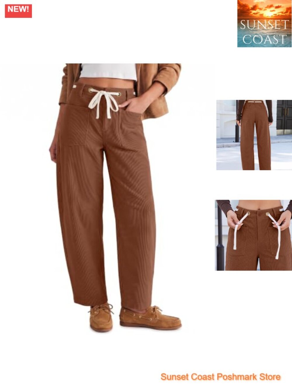 Corduroy Barrel Wide Leg High Waisted Drawstring Ankle Trousers